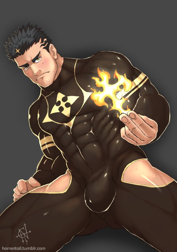 1boy ass_visible_through_thighs bara black_background black_bodysuit black_hair blush bodysuit bulge clothing_cutout covered_abs facial_hair fire hornsntail large_pectorals looking_at_viewer male_focus mature_male muscular muscular_male pectorals pyrokinesis short_hair signature simple_background solo stubble thick_thighs thigh_cutout thighs tokyo_afterschool_summoners yellow_eyes zabaniyya_(housamo)