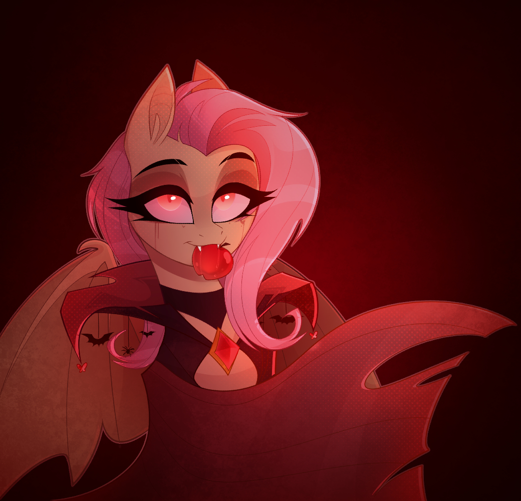 apple bat_pony black_eyeliner cape clothing equid eyeliner fangs flutterbat_(mlp) fluttershy_(mlp) food food_in_mouth friendship_is_magic fruit fur hair hasbro makeup mammal my_little_pony pink_hair plant portrait red_background red_eyes red_theme simple_background solo teeth thewandie yellow_body yellow_fur