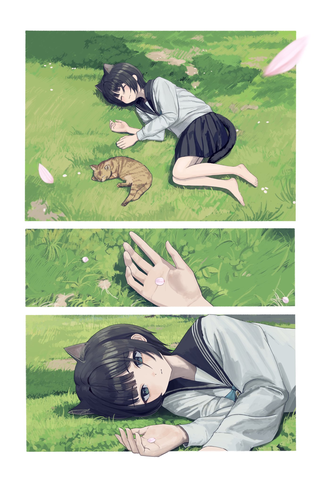 1girl animal animal_ears barefoot black_hair black_skirt blunt_bangs border brown_cat cat cat_ears cat_girl cat_tail closed_eyes commentary day expressionless extra_ears falling_petals from_above full_body grass highres long_sleeves lying on_grass on_side original outdoors outside_border petals sailor_collar sakiika0513 school_uniform sequential serafuku shirt short_hair skirt sleeping tail white_border white_shirt