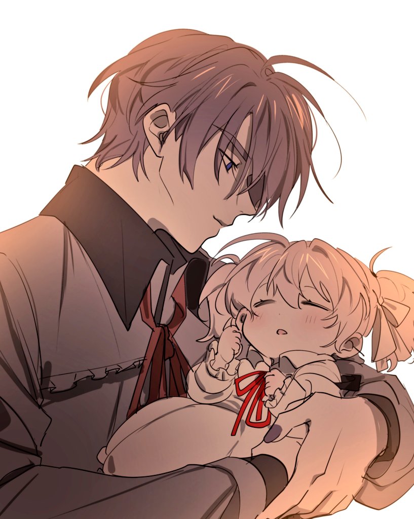 1boy 1girl 25-ji_kaito 25-ji_miku affectionate aged_down baby_carry bow bowtie carrying child closed_eyes collared_shirt dress from_side grey_hair grey_shirt hair_ribbon hatsune_miku kaimiku_yummy kaito_(vocaloid) long_sleeves looking_at_another own_hands_together profile project_sekai red_bow red_bowtie ribbon shirt simple_background twintails upper_body vocaloid white_background white_dress