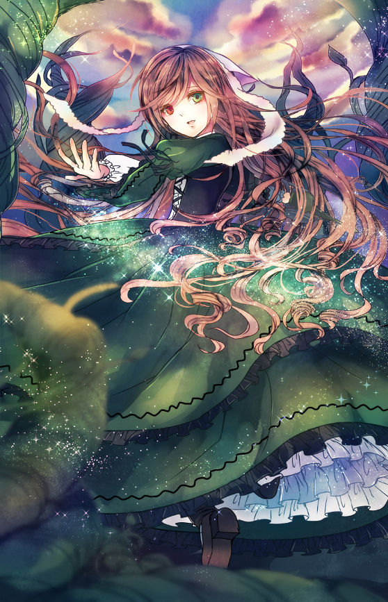 1girl black_corset blue_sky brown_footwear brown_hair cloud commentary_request corset dress frilled_dress frills full_body green_dress green_eyes head_scarf heterochromia light_particles lolita_fashion long_dress long_hair long_sleeves looking_at_viewer looking_to_the_side medium_bangs open_mouth plant red_eyes rozen_maiden shoes sky smile solo sparkle standing suiseiseki tiptoes very_long_hair vines wavy_hair z-epto_(chat-noir86)