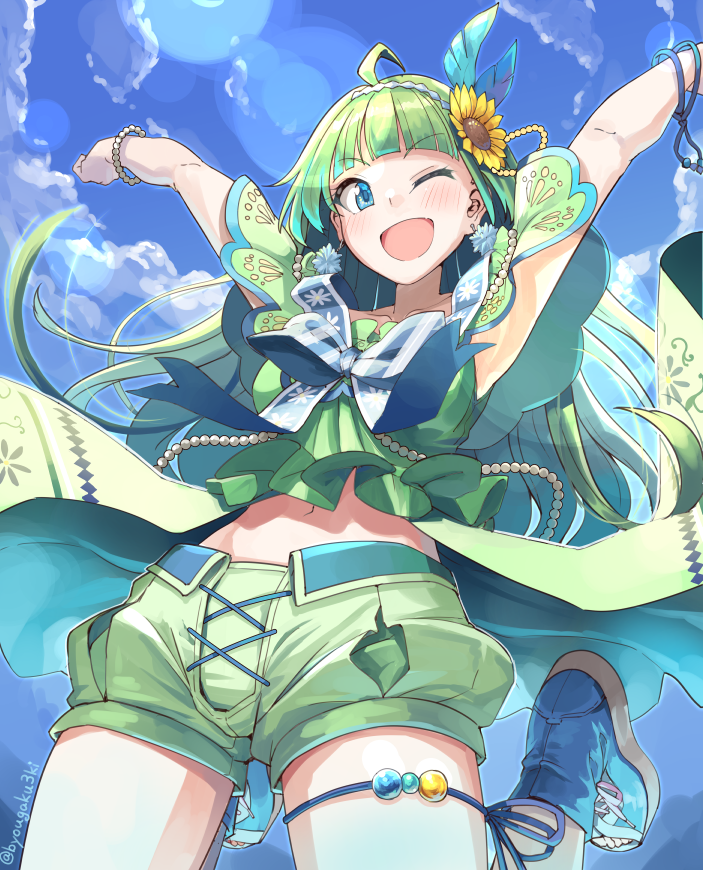 1girl ahoge armpits arms_up bead_necklace beads blue_bow blue_bowtie blue_eyes blue_footwear blue_hairband blue_sky blunt_bangs blush bow bowtie breasts byougaku cloud dot_nose earrings floating_hair flower green_hair green_shirt green_shorts hair_flower hair_ornament hairband idolmaster idolmaster_million_live! idolmaster_million_live!_theater_days jewelry jumping lens_flare long_hair looking_at_viewer medium_breasts multiple_bracelets navel necklace one_eye_closed open_mouth shimabara_elena shirt shoes shorts sky sleeveless sleeveless_shirt smile solo sunflower sunflower_hair_ornament thigh_strap twitter_username