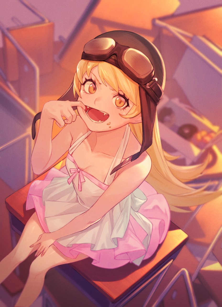 1girl bakemonogatari bare_shoulders blonde_hair breasts doughnut dress fangs food food_on_face goggles goggles_on_head helmet highres long_hair looking_at_viewer monogatari_(series) motorcycle_helmet mouth_pull open_mouth oshino_shinobu relayrl sitting small_breasts smile solo teeth yellow_eyes