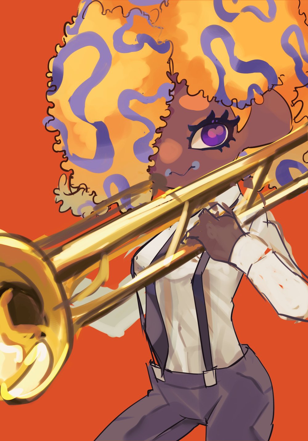 1girl 3: black_necktie black_pants blonde_hair blue_hair cephalopod_eyes closed_mouth cowboy_shot dark-skinned_female dark_skin eyelashes hair_over_one_eye highres holding holding_instrument holding_trombone horizontal_pupils instrument koike3582 legs_apart long_sleeves multicolored_hair necktie octoling orange_background pants pink_pupils purple_eyes short_hair simple_background solo splatoon_(series) splatoon_3 standing suspenders tao_blu_(splatoon) tentacle_hair trombone two-tone_hair