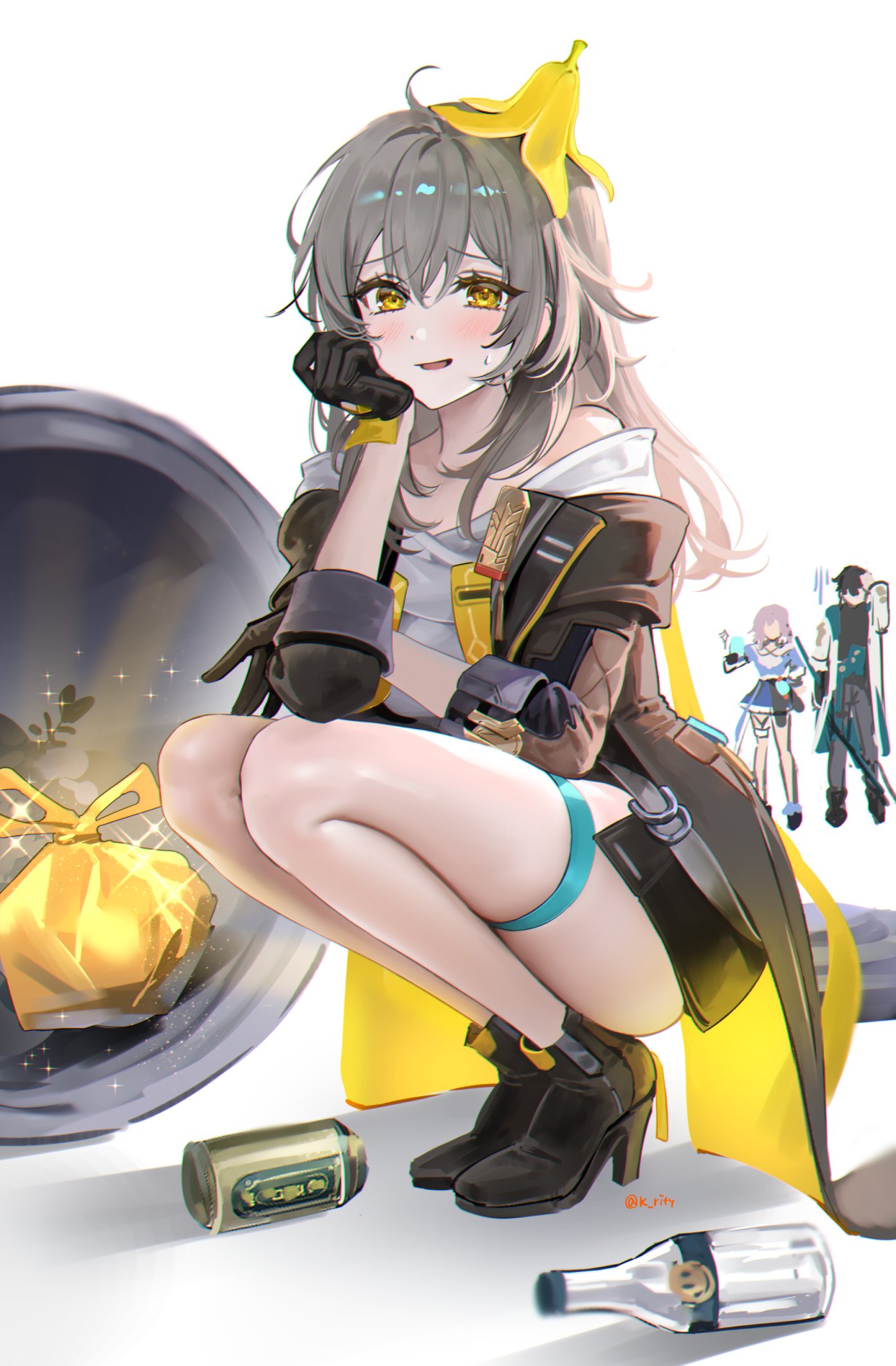 1boy 2girls banana_peel bare_shoulders black_footwear black_gloves black_hair black_jacket black_shirt bottle can coat dan_heng_(honkai:_star_rail) gloves grey_hair hand_up high_heels highres honkai:_star_rail honkai_(series) jacket long_hair long_sleeves looking_at_viewer march_7th_(honkai:_star_rail) multiple_girls off-shoulder_shirt off_shoulder pink_hair rity shirt squatting standing stelle_(honkai:_star_rail) thigh_strap thighs trailblazer_(honkai:_star_rail) trash_bag white_coat white_shirt yellow_eyes