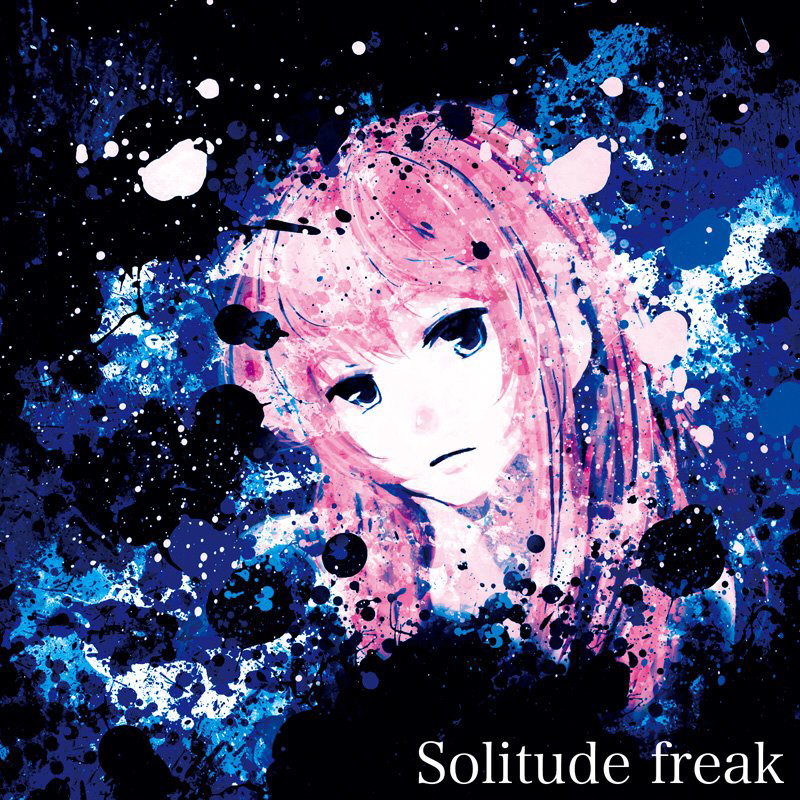 abstract_background album_cover blue_eyes cover english_text hair_between_eyes light_frown long_hair megurine_luka meola paint_splatter pink_hair vocaloid