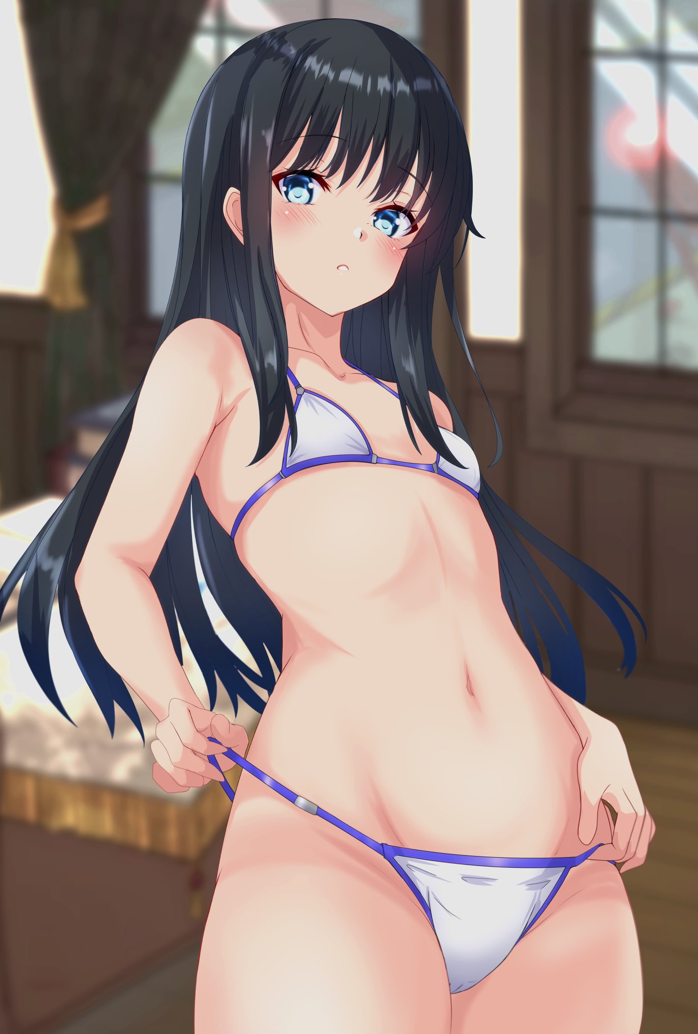 1girl alternate_costume asashio_(kancolle) bare_arms bare_shoulders bikini bikini_pull black_hair blue_eyes blurry blurry_background blush breasts closed_mouth clothes_pull collarbone commentary_request cowboy_shot day desk from_below game_screenshot_background highres indoors kantai_collection long_hair looking_at_viewer micro_bikini navel nitamako_(sakamalh) pout purple_bikini small_breasts solo standing stomach swimsuit thighs white_bikini window