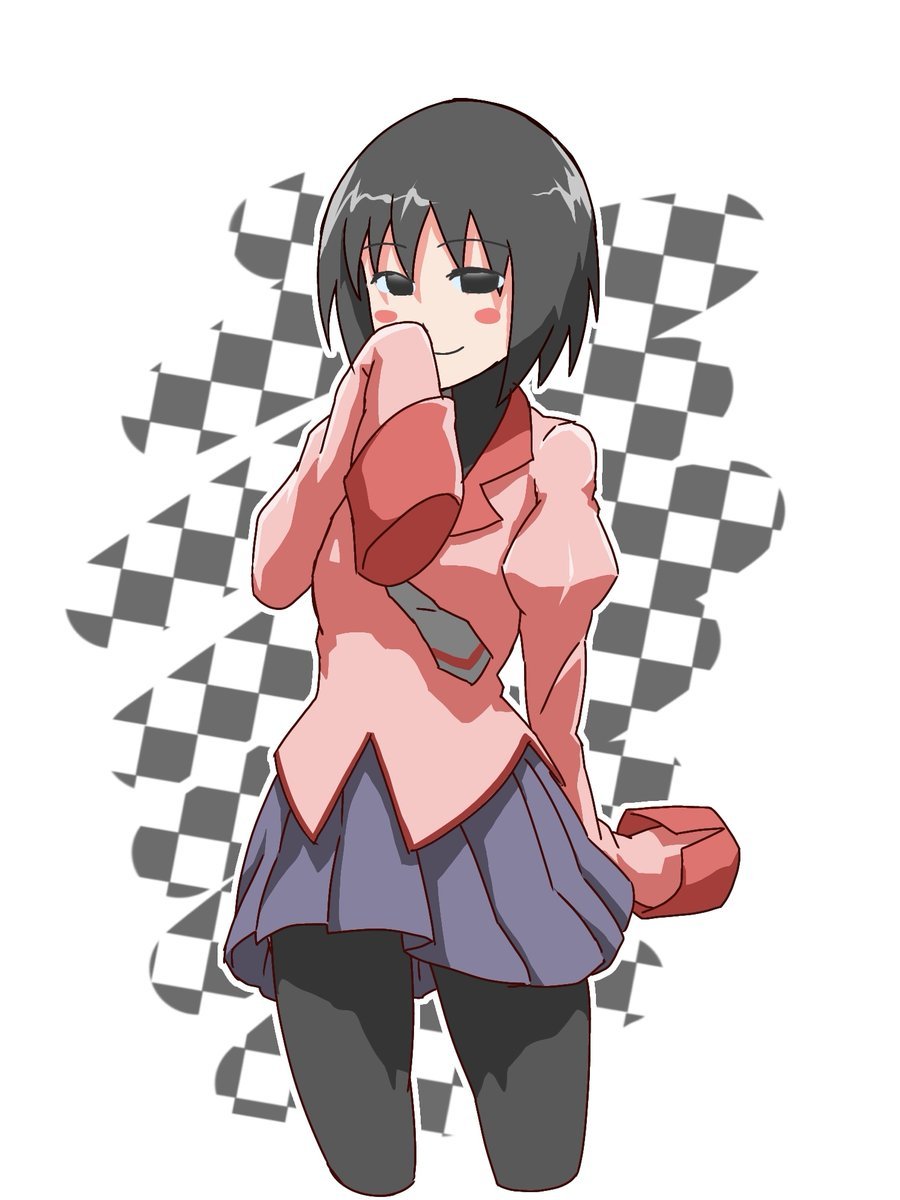 1girl black_background black_eyes black_hair black_pantyhose black_undershirt blush_stickers bob_cut breasts checkered_background closed_mouth commentary covering_own_mouth cropped_legs floating_neckwear grey_necktie hand_over_own_mouth highres looking_at_viewer monogatari_(series) naoetsu_high_school_uniform necktie oshino_ougi pantyhose pink_skirt pleated_skirt puffy_sleeves purple_skirt risator school_uniform short_hair skirt sleeves_past_fingers sleeves_past_wrists small_breasts smile smug solo standing turtleneck very_long_sleeves white_background