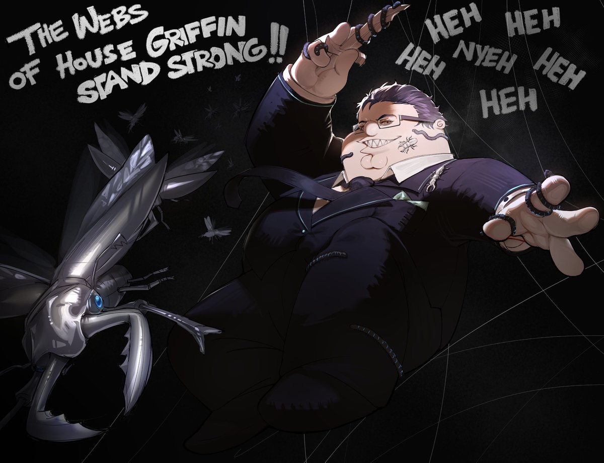 1boy beetle black_hair black_jacket black_necktie black_pants black_suit bug cosplay family_guy formal glasses jacket kowai_(iamkowai) male_focus necktie original pant_suit pants peter_griffin sharp_teeth solo suit suit_jacket teeth