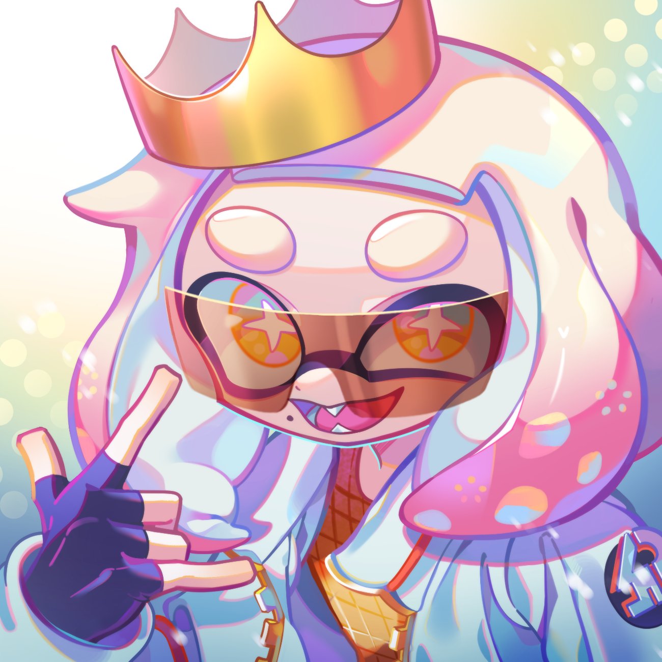 1girl \m/ black_gloves commentary_request crown fingerless_gloves gloves gradient_hair highres inkling korean_commentary medium_hair mole mole_under_mouth multicolored_hair open_mouth pearl_(splatoon) pink_hair short_eyebrows smile solo splatoon_(series) splatoon_3 splatoon_3:_side_order star-shaped_pupils star_(symbol) symbol-shaped_pupils teeth tentacle_hair thick_eyebrows two-tone_hair ufo_sw upper_body white_hair