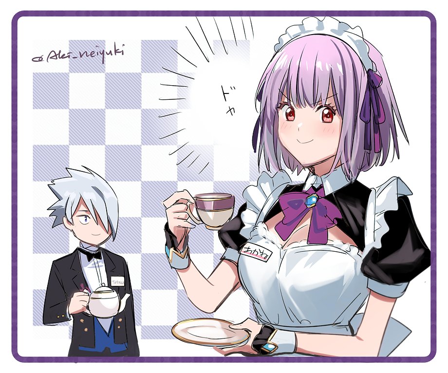 1boy 1girl aki_(neyuki41028) anti_(ssss.gridman) apron blue_eyes breasts cup drink grey_hair gridman_universe gridman_universe_(film) holding holding_cup mug official_alternate_costume red_eyes shinjou_akane shirt short_hair smile tea waiter waitress