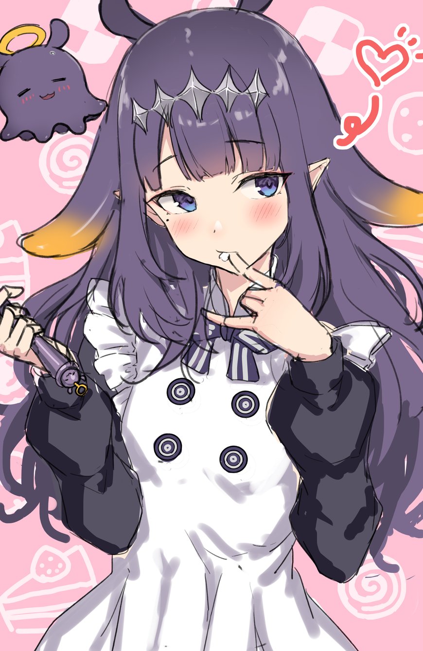 apron black_dress blush dress finger_in_own_mouth heart highres holding holding_whisk hololive hololive_english long_hair looking_at_viewer mole mole_under_eye ninomae_ina'nis ninomae_ina'nis_(6th_costume) official_alternate_costume pointy_ears purple_eyes purple_hair ryuinu takodachi_(ninomae_ina'nis) tentacle_hair virtual_youtuber whisk white_apron