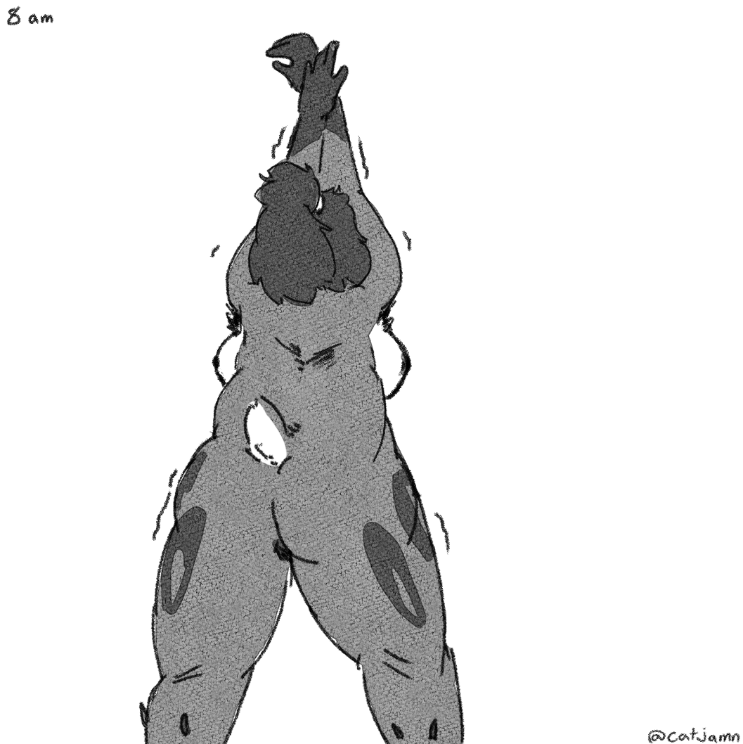 anthro armpit_hair back_boob body_hair breasts butt catjam_(artist) deer female fur fur_markings genitals hair mammal markings monochrome ponytail pussy raised_arms rear_view scut_tail short_tail solo steph_(catjam) stretching tail