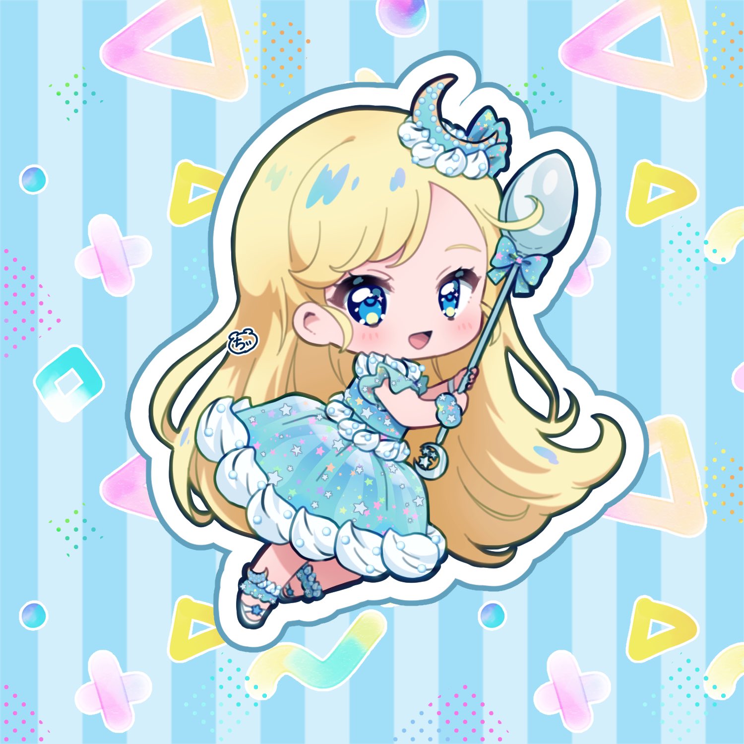 1girl :d blonde_hair blue_dress blue_eyes blue_footwear chibi chii_(chi_pppuri) commentary_request cream dress food-themed_clothes full_body gelatin highres himitsu_no_aipri holding holding_spoon hoshikawa_mitsuki idol_clothes long_hair looking_at_viewer open_mouth outline pretty_series shoes signature smile solo spoon standing striped_background very_long_hair white_outline