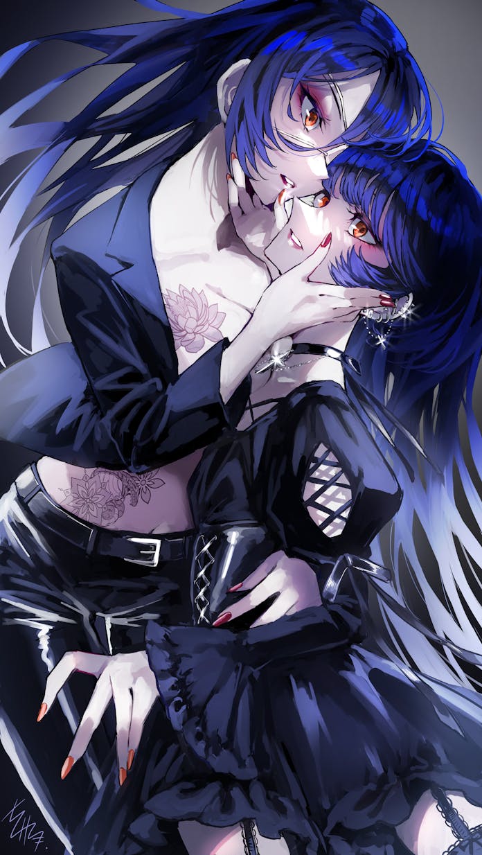 2girls black_choker black_dress black_jacket black_pants blue_hair borrowed_character breast_tattoo breasts choker cleavage commentary commission dress ear_piercing english_commentary eyepatch eyeshadow flower_tattoo garter_straps grey_background hand_on_another's_back hand_on_another's_face hand_on_another's_thigh highres hinosaka_aki jacket juliet_sleeves large_breasts long_hair long_sleeves makeup multiple_girls orange_eyes original pants parted_lips piercing puffy_sleeves purple_eyeshadow red_lips red_nails skeb_commission stomach_tattoo tattoo yuri