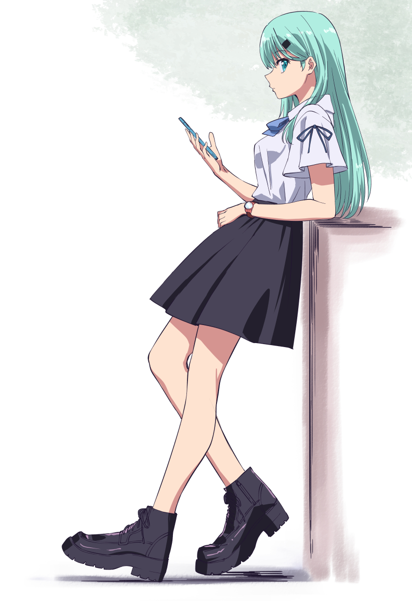 1girl aqua_eyes aqua_hair boots cellphone commentary_request from_side full_body highres holding holding_phone ishii_hisao kantai_collection long_hair looking_at_viewer neck_ribbon phone platform_footwear profile ribbon shirt short_sleeves sideways_glance skirt smartphone solo suzuya_(kancolle) t-shirt watch wristwatch