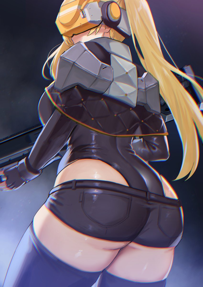 1girl amearare armored_leotard ass black_capelet black_gloves black_leotard black_shorts black_thighhighs blonde_hair capelet commentary_request cowboy_shot dark_background fingerless_gloves from_behind gloves goddess_of_victory:_nikke highleg highleg_leotard highres holding holding_weapon idoll_sun_(nikke) leotard long_sleeves micro_shorts short_shorts shorts simple_background solo thick_thighs thighhighs thighs twintails visor_(armor) weapon
