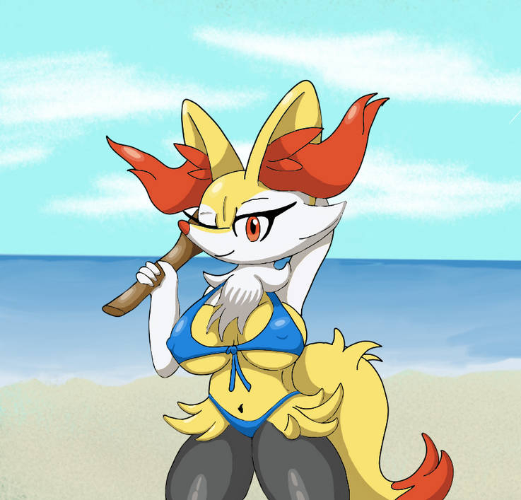 beach big_ears big_tail bikini braixen breasts canid canine clothing female fluffy fluffy_tail fox hand_on_head inner_ear_fluff looking_at_viewer mammal nintendo nipple_outline one_eye_closed pok&eacute;mon pok&eacute;mon_(species) poraka7 sea seaside solo stick swimwear thick_thighs tuft video_games water yellow_body