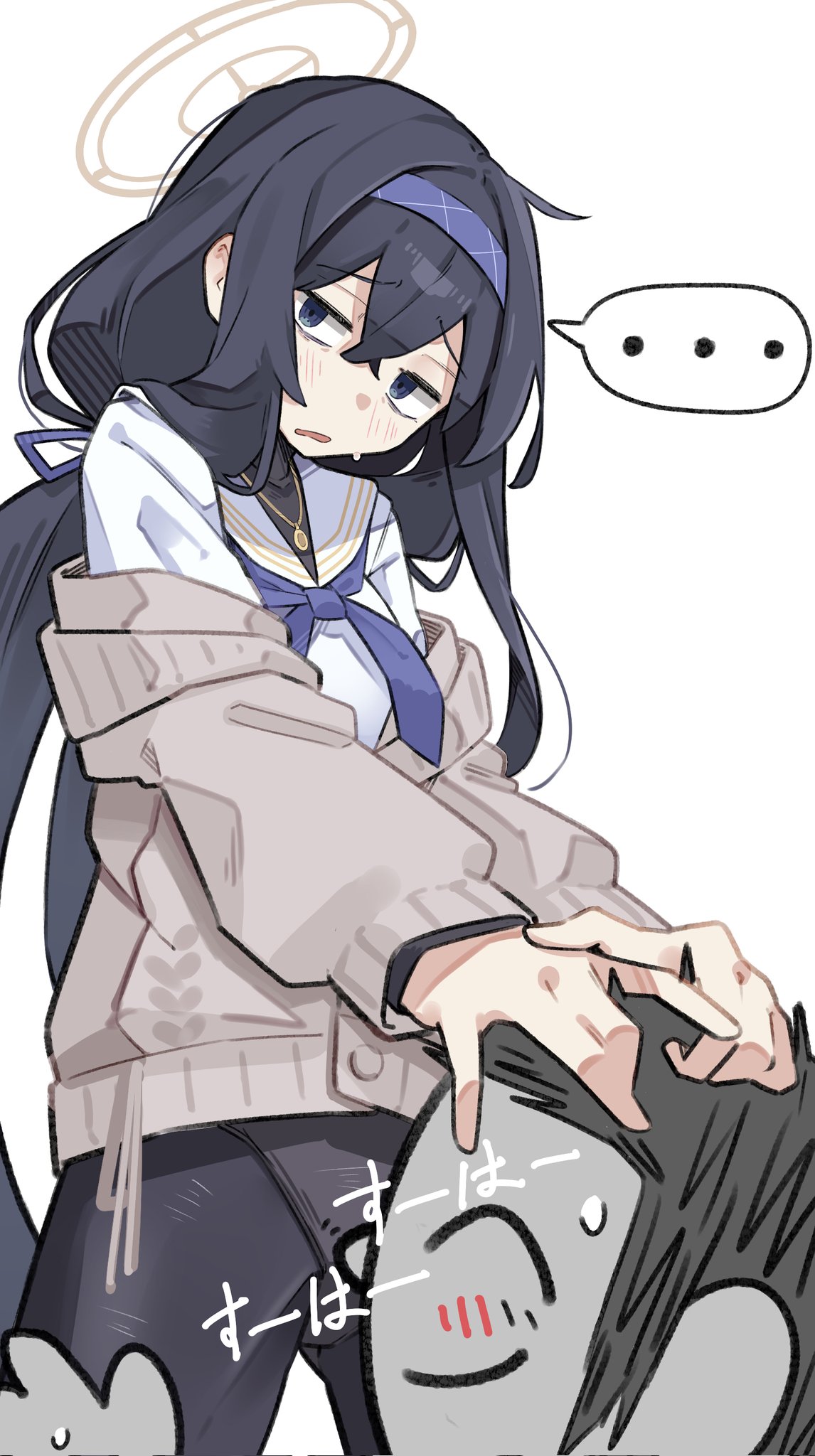 ... 1boy 1girl bags_under_eyes black_hair black_pantyhose blue_archive blue_eyes blue_hairband blue_neckerchief cardigan commentary_request doodle_sensei_(blue_archive) grey_cardigan hairband halo hands_on_another's_head highres long_hair looking_at_viewer neckerchief panties panties_under_pantyhose pantyhose parted_lips sailor_collar sattinittas school_uniform sensei_(blue_archive) serafuku smelling_crotch spoken_ellipsis ui_(blue_archive) underwear white_sailor_collar white_serafuku