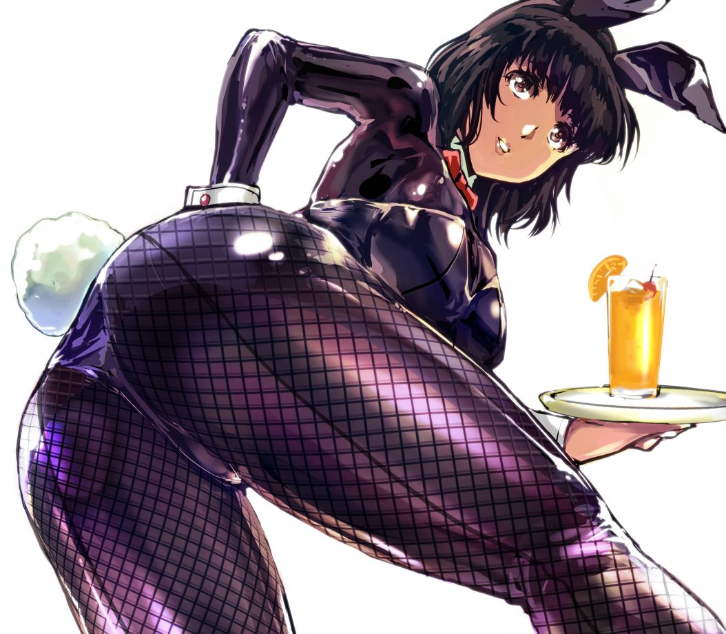 1girl animal_ears ass ball bent_over black_hair black_pantyhose bodysuit bow bowtie breasts brown_eyes commentary_request fake_animal_ears fishnet_pantyhose fishnets food fruit holding holding_tray juice kamisimo_90 looking_at_viewer medium_breasts original pantyhose parted_lips playboy_bunny rabbit_ears red_bow red_bowtie short_hair solo tan thighs tray wrist_cuffs