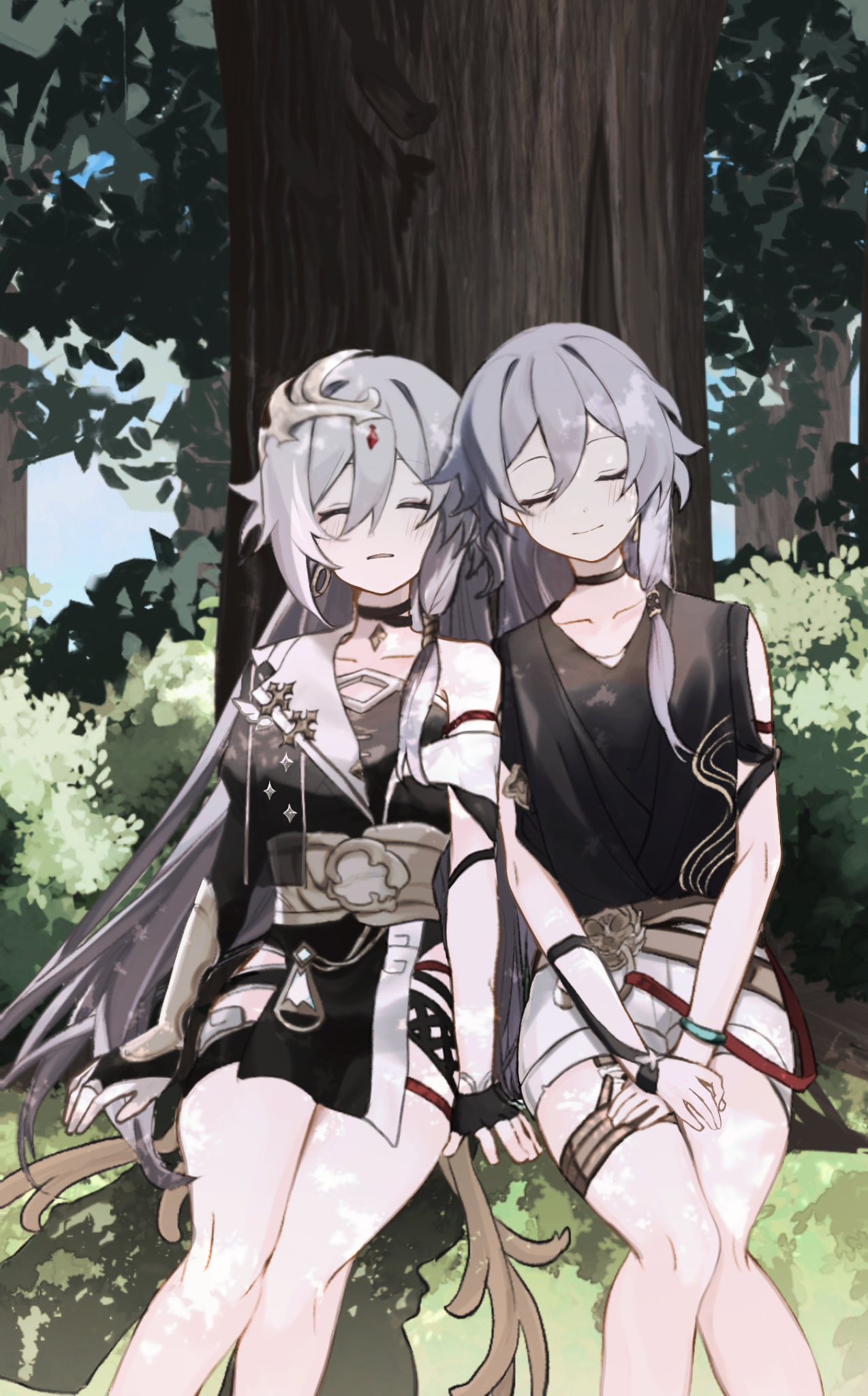 2girls bare_shoulders black_choker black_dress blue_sky blush choker closed_eyes closed_mouth collarbone commentary day dress facing_viewer feet_out_of_frame fu_hua fu_hua_(herrscher_of_sentience) grey_hair hair_between_eyes highres honkai_(series) honkai_impact_3rd long_hair multiple_girls nuta_h3 on_ground outdoors own_hands_together parted_lips sitting sky smile symbol-only_commentary tree very_long_hair