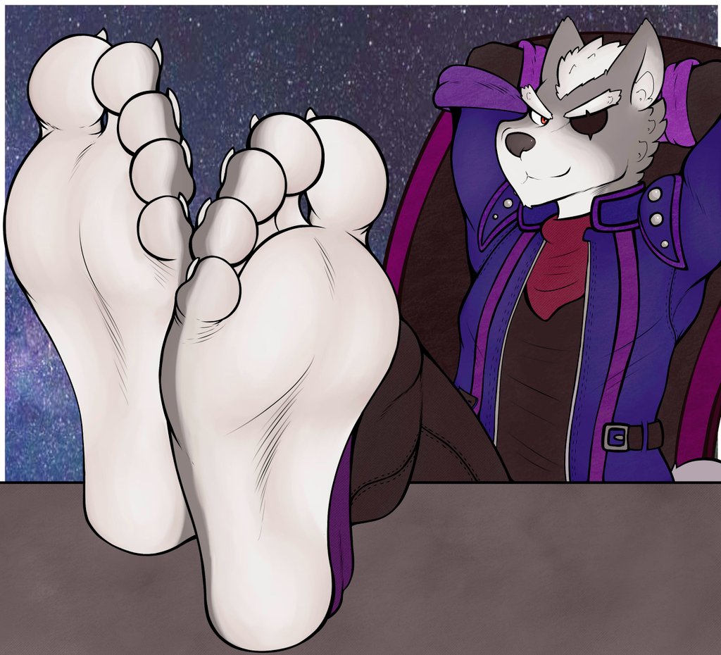 5_toes anthro big_feet brown_nose canid canine canis claws clothed clothing countershade_feet countershading eye_patch eyewear feet foot_focus hair humanoid_feet male mammal nintendo sebafox smug soles solo star_fox toes video_games white_hair wolf wolf_o'donnell