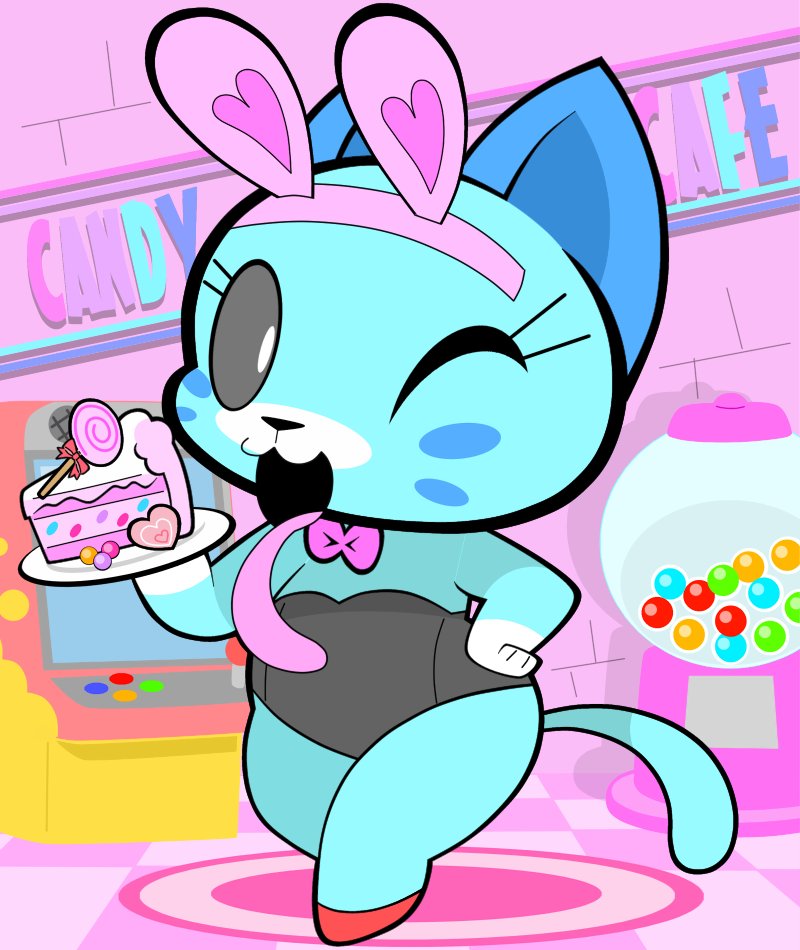 black_clothing black_leotard bow_tie bunny_costume cake candy candy_cat clothing costume dessert domestic_cat felid feline felis female food gumball_machine leotard long_tongue looking_at_viewer mammal okojogairu one_eye_closed poppy_playtime solo tongue wink