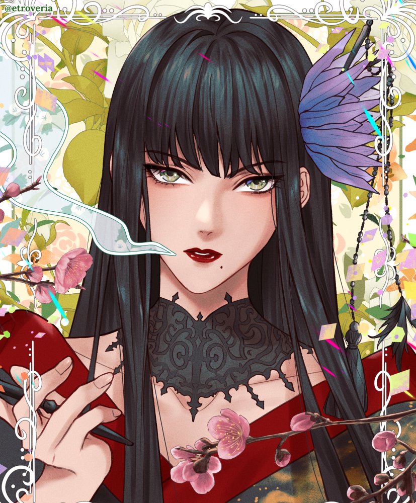 1girl artist_name black_collar black_hair black_kimono blowing_smoke branch collar collarbone commentary etroveria final_fantasy final_fantasy_xiv floral_background flower green_eyes hair_flower hair_ornament hand_up holding holding_smoking_pipe hyur japanese_clothes kimono kiseru lace_collar long_hair looking_at_viewer mole mole_under_mouth portrait purple_flower red_lips red_trim smoke smoking_pipe solo straight_hair twitter_username yotsuyu_goe_brutus