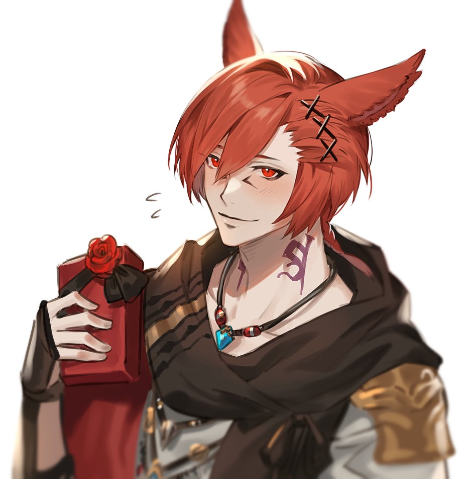 1boy animal_ears box bracer braid brown_scarf cat_ears facial_mark final_fantasy final_fantasy_xiv flying_sweatdrops from_side g'raha_tia gift gift_box grey_shirt hair_between_eyes hair_ornament hand_up holding holding_gift jewelry looking_at_viewer male_focus melonlove miqo'te neck_tattoo pendant red_eyes red_hair scarf shirt short_hair simple_background single_braid slit_pupils smile solo swept_bangs tattoo white_background x_hair_ornament