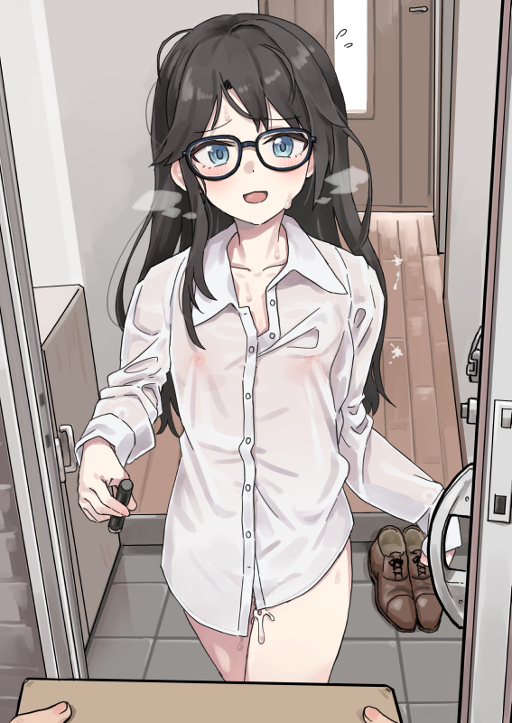 1boy 1girl after_sex black_hair blue_eyes blush breasts collared_shirt commission cowboy_shot cum cum_in_pussy cumdrip delivery doorway glasses hair_down heavy_breathing idolmaster idolmaster_shiny_colors kusugi_tai long_hair looking_at_viewer mitsumine_yuika naked_shirt nipples open_mouth pov see-through shirt skeb_commission small_breasts solo_focus sweat white_shirt