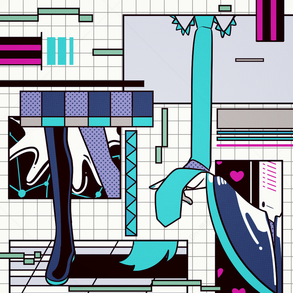 abstract aqua_nails aqua_necktie blue_sleeves boots collared_shirt commentary_request grid_background hand_up hatsune_miku heart limited_palette long_sleeves machigami_yoh necktie shirt tagme thigh_boots vocaloid white_background wide_sleeves