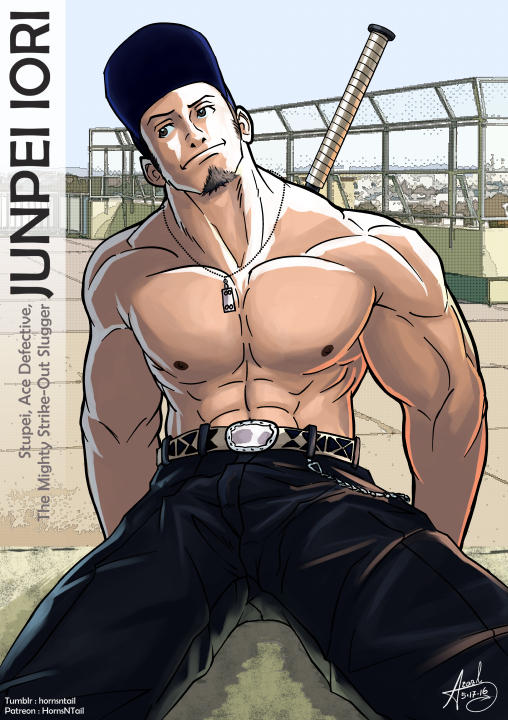 abs alternate_muscle_size bara baseball_cap belt black_pants blue_hat character_name collarbone english_text facial_hair goatee hat hornsntail iori_junpei jewelry looking_to_the_side male_focus muscular necklace paid_reward_available pants pectorals persona persona_3 rooftop school_uniform short_hair signature sitting smile topless_male wallet_chain weapon weapon_on_back