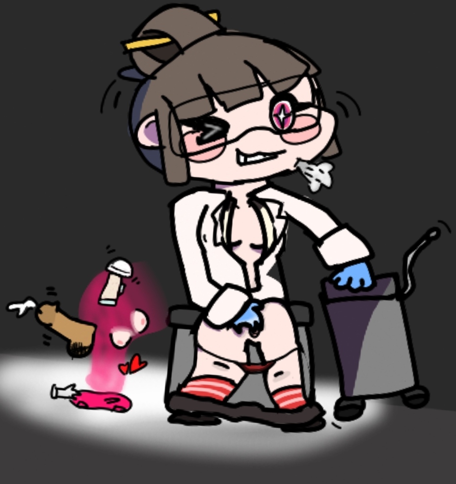 bottomless cleavage_cutout clothing_cutout kneehighs lab_coat masturbation non-web_source pochi_science socks solo unbuttoned