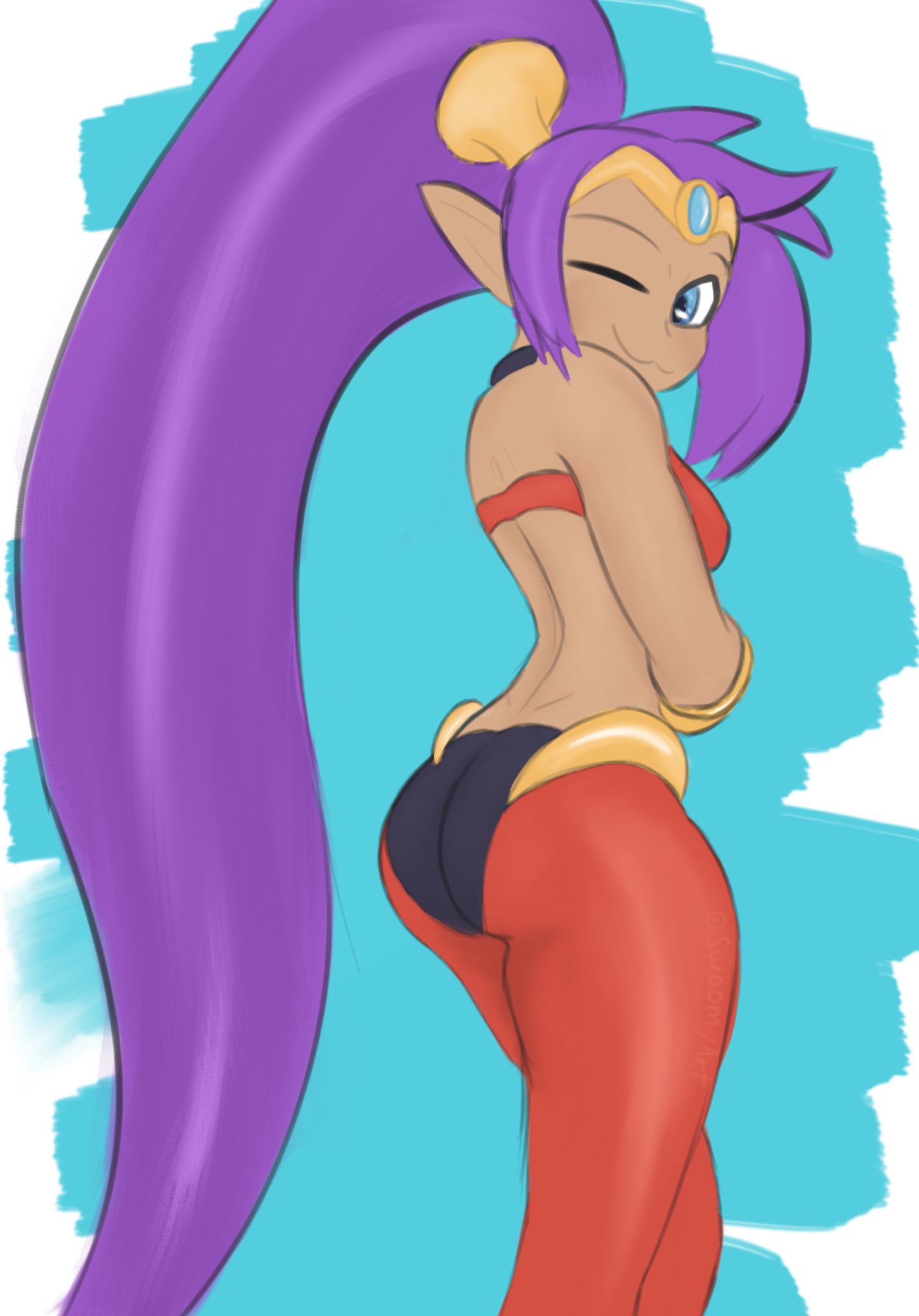 animal_humanoid butt clothed clothing digital_media_(artwork) female genie hair hi_res humanoid humanoid_pointy_ears looking_at_viewer looking_back not_furry shantae shantae_(series) simple_background smile solo swoomy wayforward