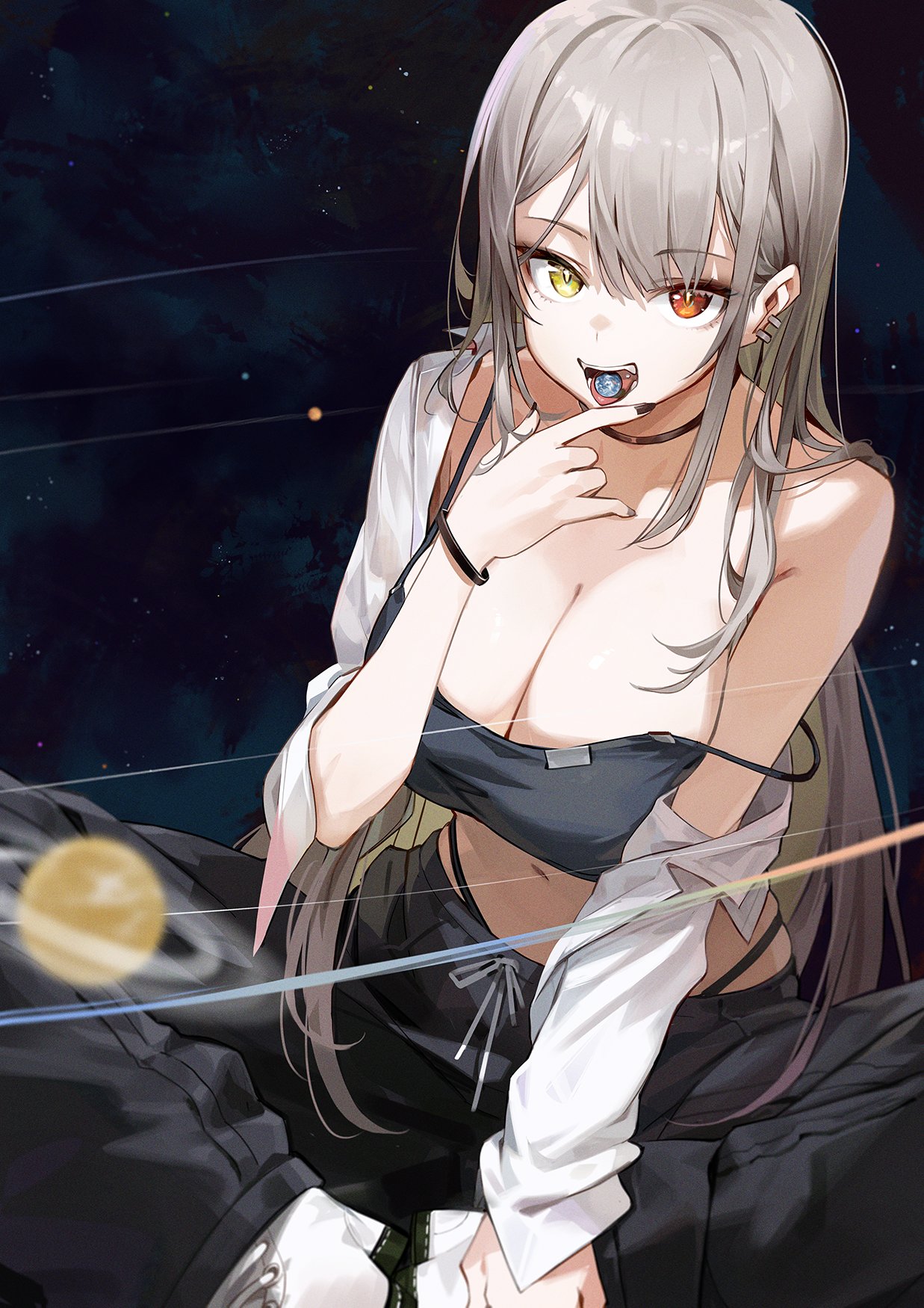 1girl baggy_pants black_nails black_pants black_tank_top blurry blurry_foreground bracelet breasts butterfly_sitting cleavage crop_top ear_piercing earth_(planet) from_above goomrrat grey_hair heterochromia highleg highleg_panties highres jewelry large_breasts long_hair looking_at_viewer navel necklace off_shoulder open_mouth orange_eyes original panties pants piercing planet shirt single_bare_shoulder sitting sky solar_system star_(sky) starry_sky strap_slip tank_top underwear white_footwear white_shirt yellow_eyes