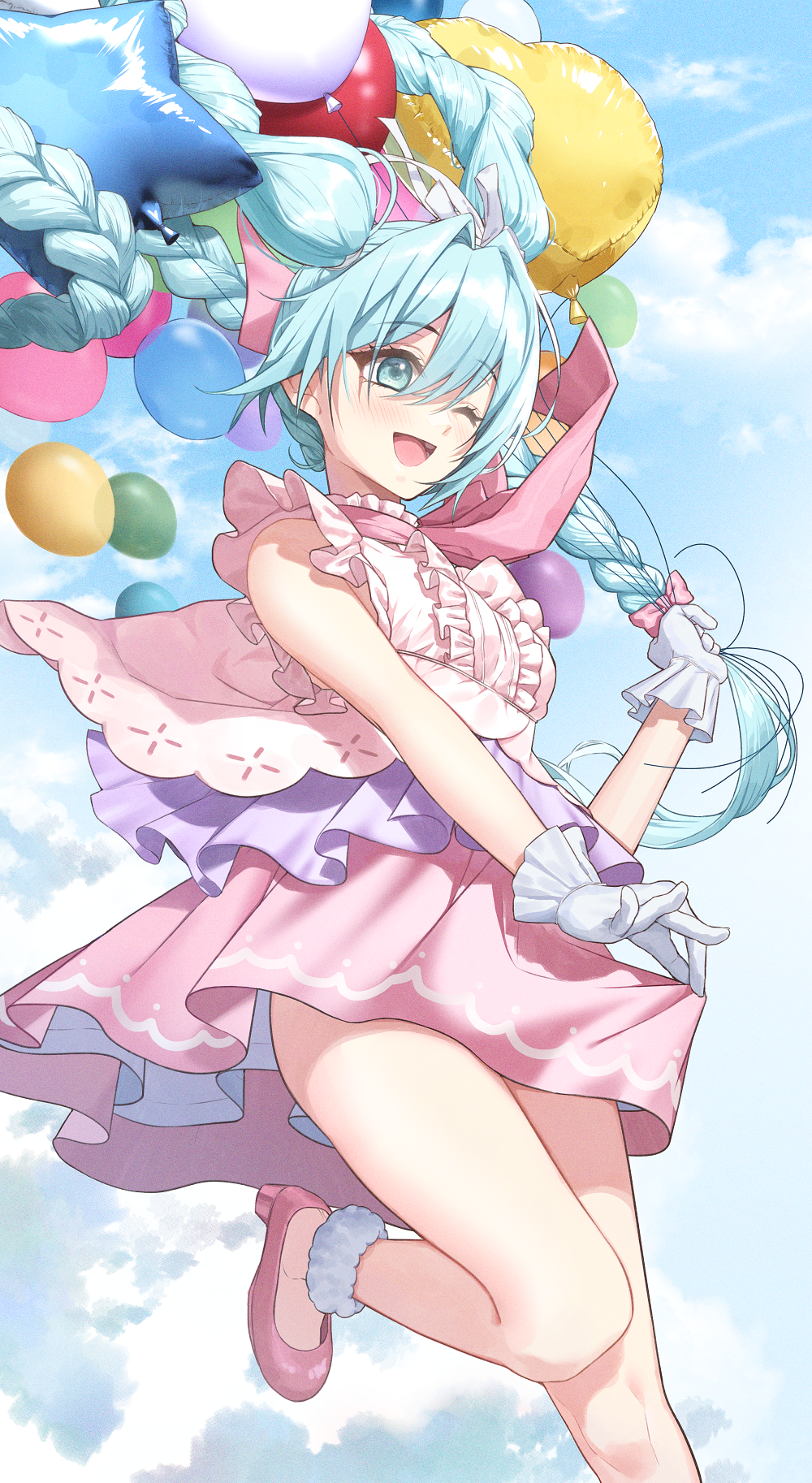 1girl :d balloon bibi_(user_egtz4573) blue_eyes blue_hair blue_sky bow braid cloud cloudy_sky day dress facing_viewer floating_hair foot_out_of_frame frilled_gloves frills gloves hair_between_eyes hair_bow hair_ribbon happy hatsune_miku heart_balloon highres holding holding_balloon holding_clothes holding_skirt leg_up long_hair one_eye_closed open_mouth outdoors pink_bow pink_dress pink_footwear ribbon shoes short_dress skirt sky sleeveless sleeveless_dress smile solo star_balloon thighs vocaloid white_gloves