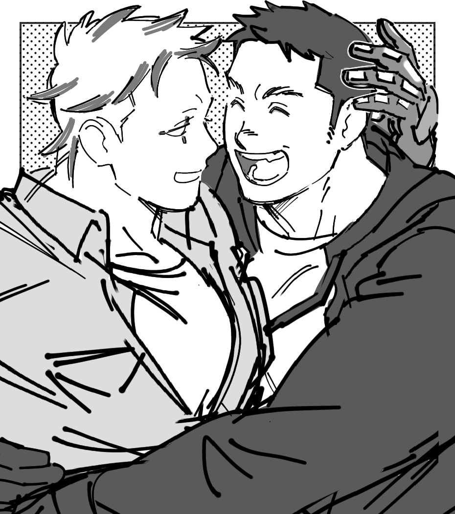 2boys :d ^_^ aikawa_(dorohedoro) bara closed_eyes couple dorohedoro from_side greyscale happy hug jacket male_focus medium_sideburns monochrome multiple_boys muscular muscular_male mutual_hug no_eyebrows profile protected_link risu_(dorohedoro) sasaki_(ssk_p3) smile thick_eyebrows upper_body yaoi