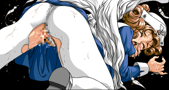1girl all_fours angel angel_wings blue_dress brown_hair censored closed_eyes dress game_cg implied_sex mutsumi_masato open_mouth pants pc-98_(style) pixel_art pussy serabarla_f short_hair solo torn_clothes toushin_toshi toushin_toshi_ii white_pants wings