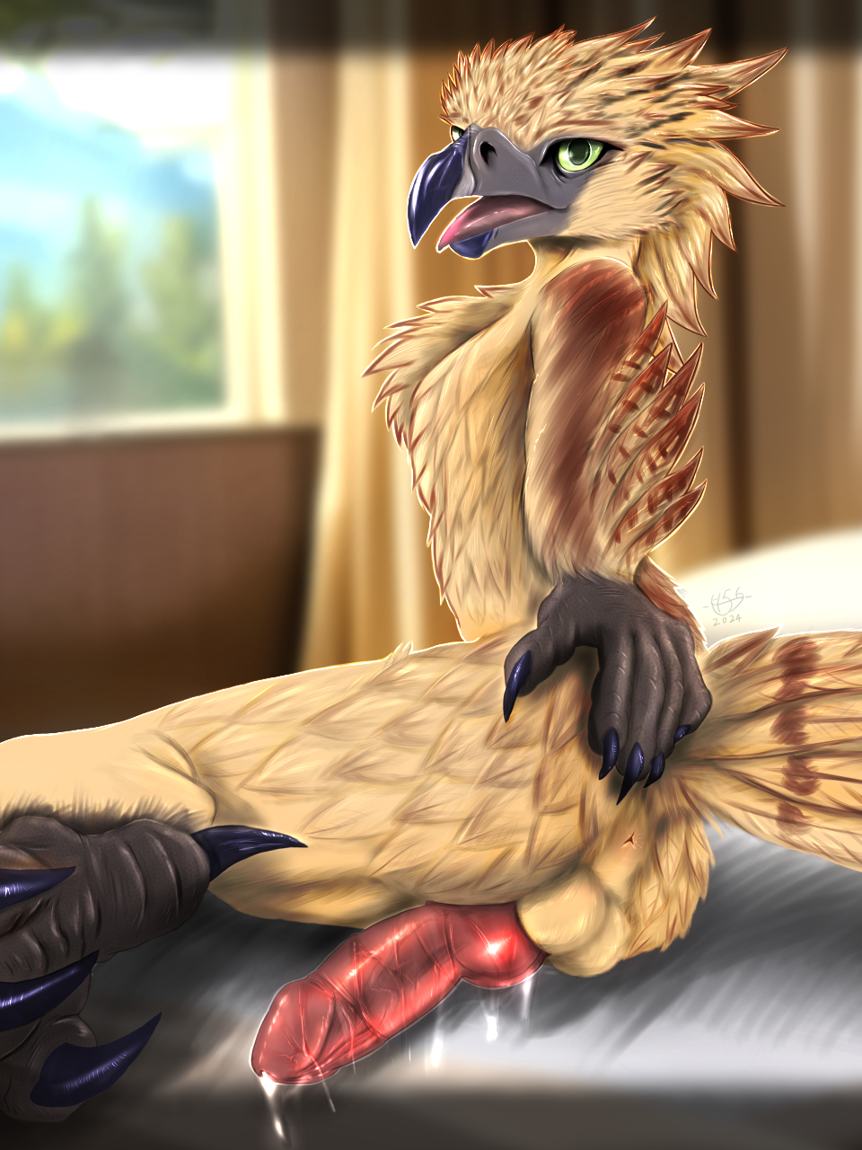 5_fingers accipitrid accipitriform anthro anus avian bird blush bodily_fluids butt claws eagle erection finger_claws fingers genital_fluids genitals h56_(hikkoro) hand_on_butt hi_res looking_at_viewer looking_back looking_back_at_viewer male mammal open_mouth penile_spines penis penis_backwards philippine_eagle precum presenting presenting_hindquarters pupils saliva slit_pupils solo spread_anus spread_butt spreading stripes tail text toe_claws tongue tongue_out zash
