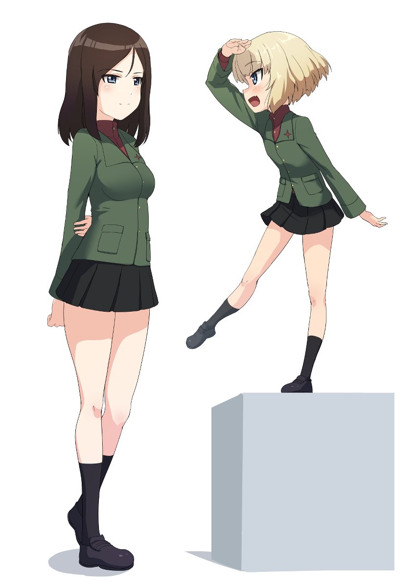 2girls black_skirt blonde_hair blue_eyes blush breasts brown_hair buchikaki closed_mouth full_body girls_und_panzer height_difference highres katyusha_(girls_und_panzer) long_hair looking_at_another military_uniform miniskirt multiple_girls nonna_(girls_und_panzer) open_mouth pleated_skirt pravda_military_uniform short_hair simple_background skirt small_breasts smile uniform white_background