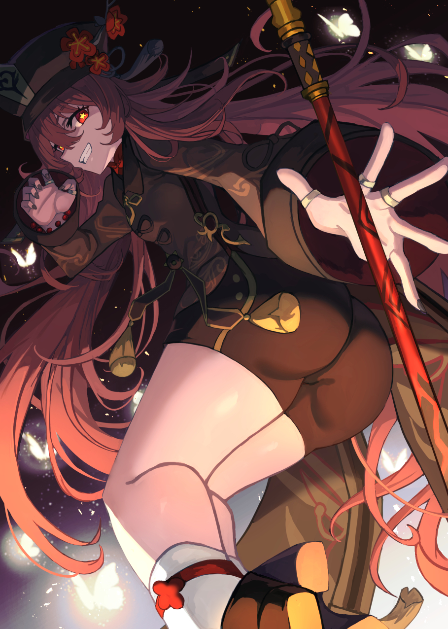 1girl ass black_coat black_hat black_shorts breasts brown_hair coat coattails dawito flower genshin_impact grin hat hat_flower highres hu_tao_(genshin_impact) long_hair long_sleeves looking_at_viewer looking_back plum_blossoms polearm red_eyes shorts small_breasts smile solo staff_of_homa_(genshin_impact) symbol-shaped_pupils thighs twintails very_long_hair vision_(genshin_impact) weapon