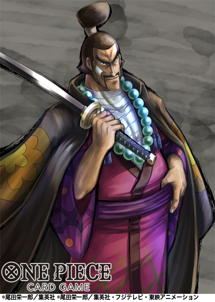 1boy bandaged_chest commentary_request copyright_name crost facial_hair haori holding holding_sword holding_weapon japanese_clothes jewelry kimono light_smile male_focus mustache necklace official_art one_piece one_piece_card_game pearl_necklace purple_sash sash solo sword ugetsu_tempura weapon