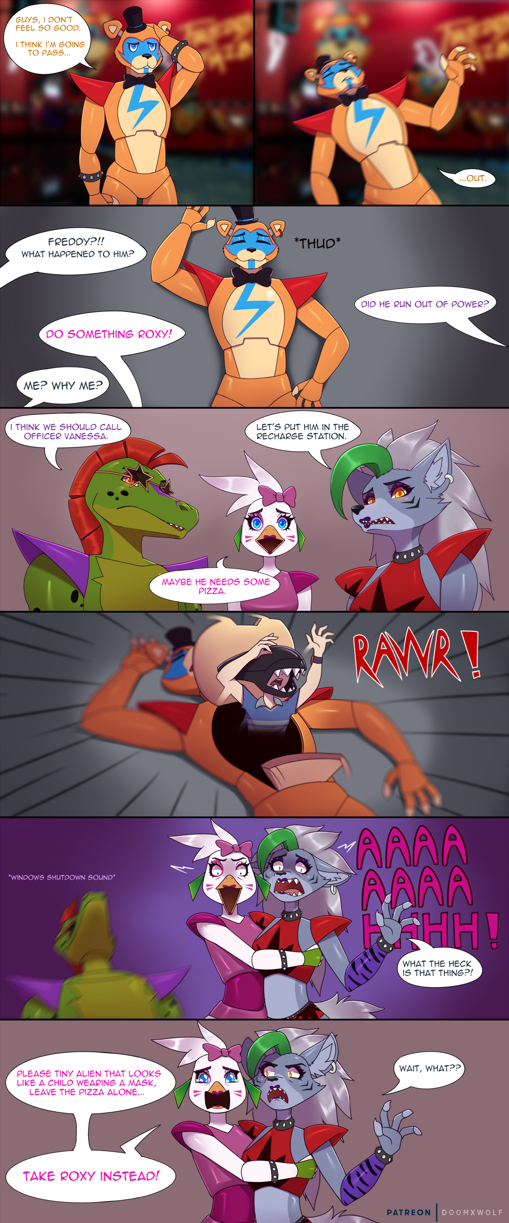 2022 absurd_res accessory alien_(franchise) alligator alligatorid animatronic anthro avian beak bird canid canine canis chicken clothed clothing comic crocodilian dialogue digital_media_(artwork) doomthewolf ear_piercing ear_ring english_text eyewear female five_nights_at_freddy's five_nights_at_freddy's:_security_breach galliform gallus_(genus) glamrock_chica_(fnaf) glamrock_freddy_(fnaf) green_body gregory_(fnaf) group hair_accessory hair_bow hair_ribbon hi_res human humor machine male mammal montgomery_gator_(fnaf) open_beak open_mouth phasianid piercing reptile ribbons robot roxanne_wolf_(fnaf) scalie scottgames speech_bubble sunglasses text ursid video_games wolf