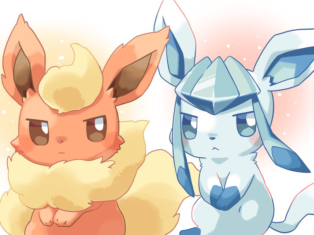 :&lt; animal_focus blue_eyes brown_eyes closed_mouth commentary_request flareon glaceon kana_(maple926) looking_to_the_side no_humans pokemon pokemon_(creature) sidelocks simple_background sitting sparkle_background toes