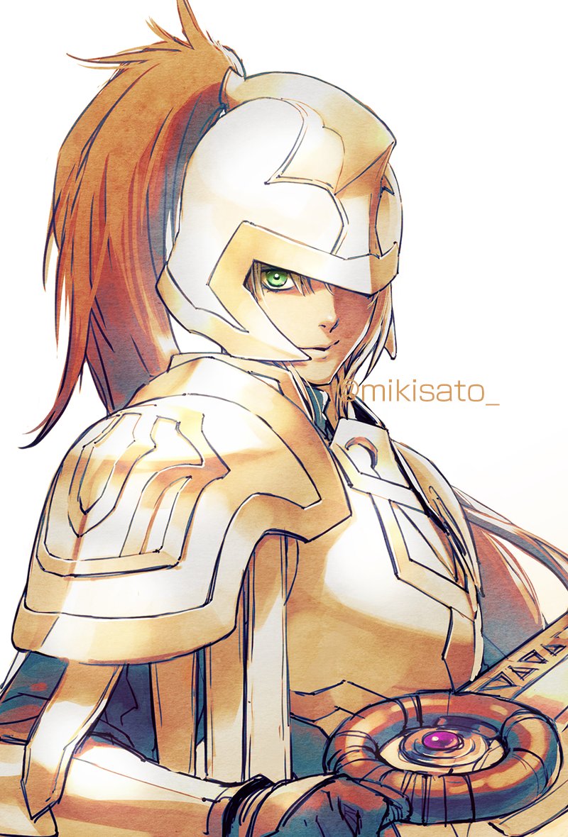 1girl armor blonde_hair closed_mouth fredegund gensou_suikoden gensou_suikoden_tierkreis green_eyes helmet long_hair looking_at_viewer mikisato simple_background solo sword weapon white_background