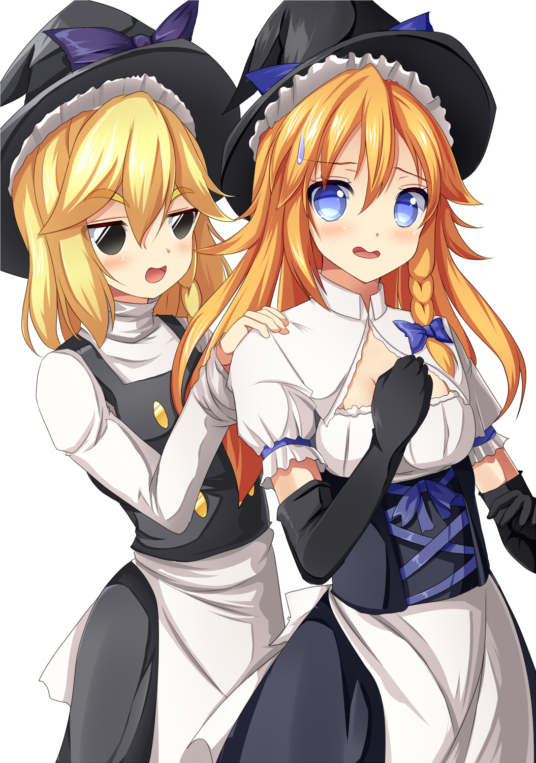akane_(cookie) bangs black_corset black_eyes black_gloves black_headwear black_skirt black_vest blonde_hair blue_bow blue_eyes blush bow braid breasts cleavage cleavage_cutout clothing_cutout commentary_request cookie_(touhou) corset cowboy_shot elbow_gloves eyebrows_visible_through_hair frilled_hat frilled_sleeves frills gloves hair_between_eyes hair_bow hand_on_another's_shoulder hat hat_bow highres kirisame_marisa long_hair long_sleeves looking_at_another looking_at_viewer medium_breasts medium_hair open_mouth purple_bow shirt side_braid simple_background single_braid skirt sweatdrop szk touhou turtleneck vest white_background white_shirt witch_hat yuuhi_(cookie)