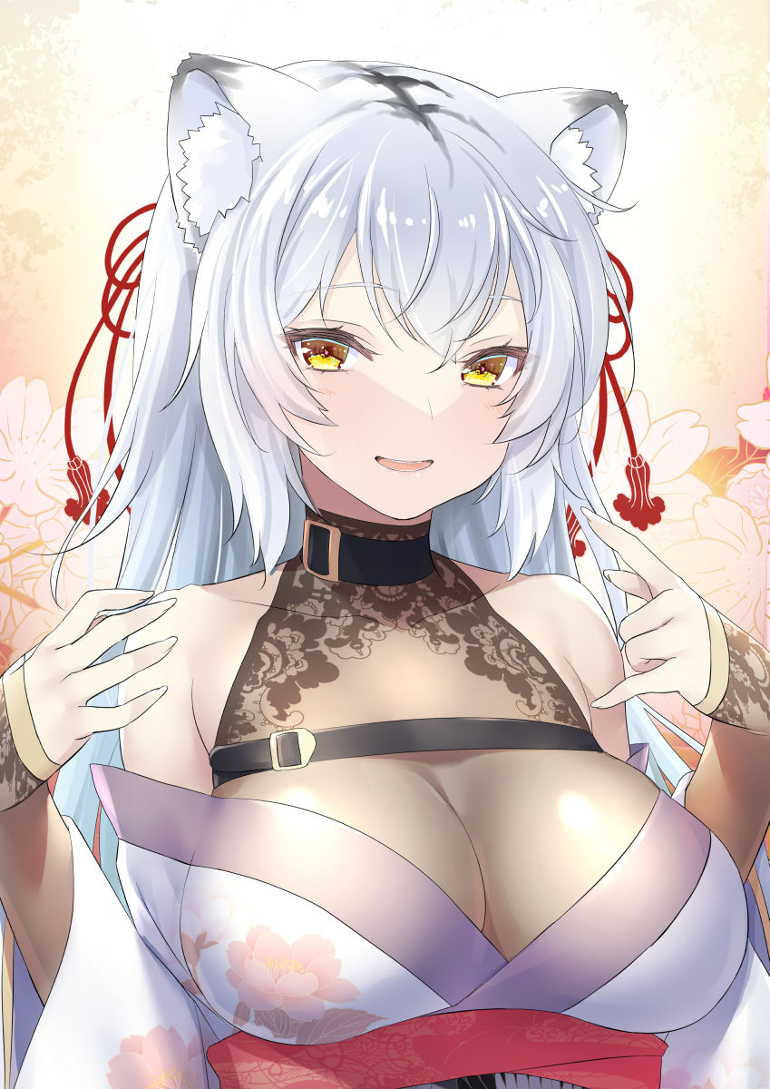 1girl 47agdragon animal_ear_fluff animal_ears bangs belt black_belt blue_kimono breasts chest_belt commentary_request eyebrows_visible_through_hair floral_print hair_ribbon hands_up highres japanese_clothes kimono large_breasts looking_at_viewer off_shoulder open_mouth original print_kimono ribbon see-through silver_hair smile solo tiger_ears upper_body yellow_eyes