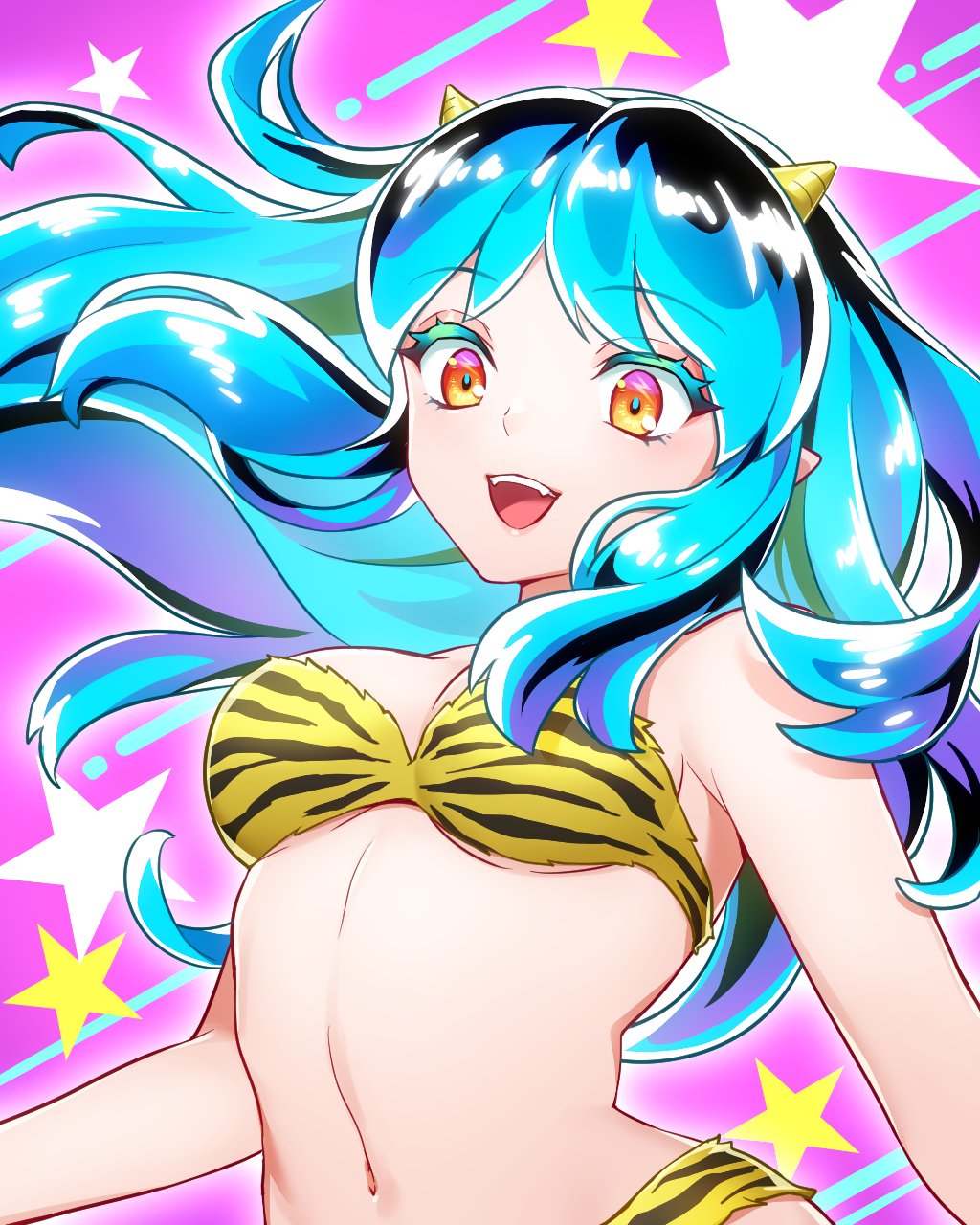 1980s_(style) 1girl animal_print bikini fangs green_hair hatorion highres horns lum midriff navel oni_horns pointy_ears retro_artstyle solo strapless strapless_bikini swimsuit tiger_print tiger_stripes urusei_yatsura yellow_bikini