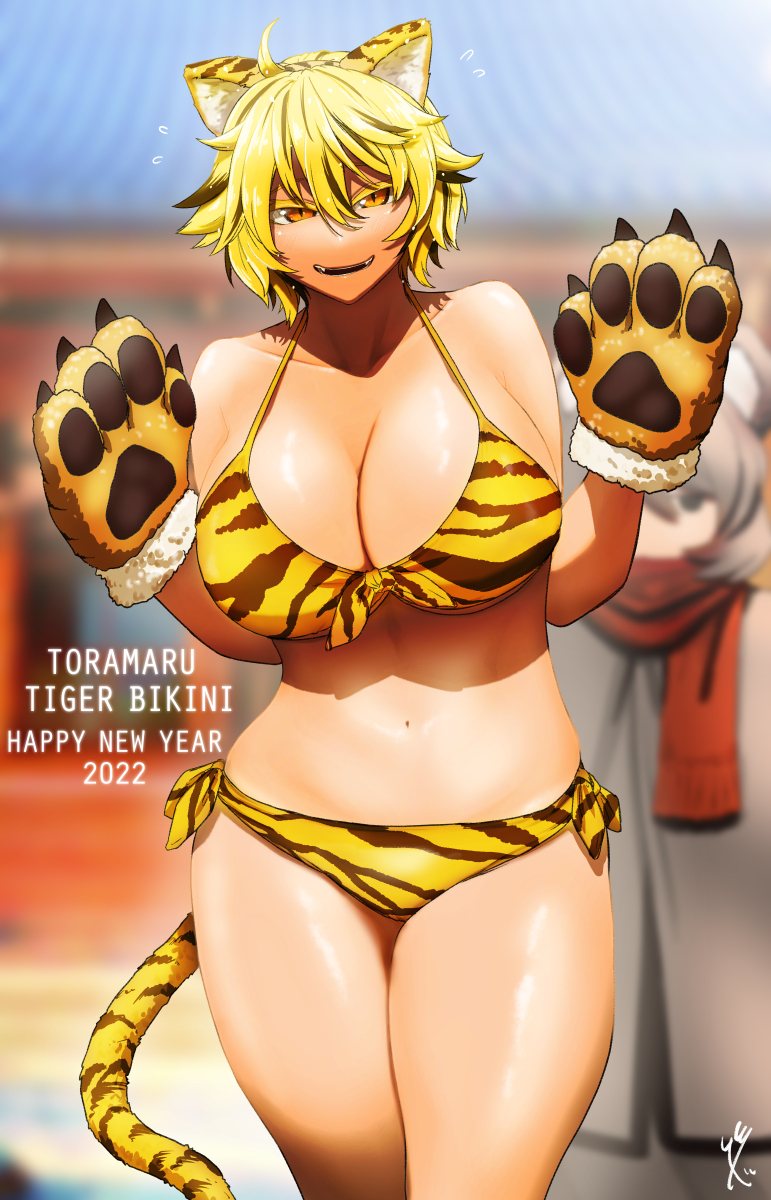 2022 2girls ahoge animal_ears animal_hands animal_print architecture arms_up artist_logo bangs bare_shoulders bikini black_hair blonde_hair blurry blurry_background blush breasts chinese_zodiac claws cleavage collarbone commentary_request day east_asian_architecture english_text expressionless fangs feet_out_of_frame gloves grey_hair highres koyubi_(littlefinger1988) large_breasts mouse_ears multicolored_hair multiple_girls navel nazrin open_mouth orange_eyes paw_gloves paw_print_soles red_scarf scarf shiny shiny_skin short_hair slit_pupils solo_focus standing stomach streaked_hair sweatdrop swimsuit tail thick_thighs thighs tiger_ears tiger_print tiger_tail toramaru_shou touhou year_of_the_tiger yellow_bikini