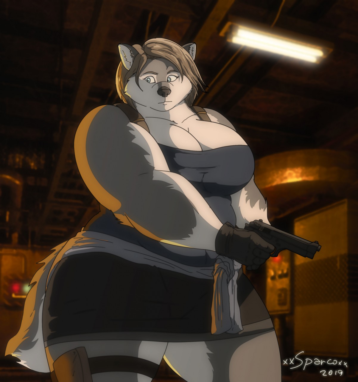 alternate_species big_breasts bottomwear breasts brown_hair canid canine canis capcom clothing fat_arms female fur furrification gloves gun hair handgun handwear hi_res inside jill_valentine_(resident_evil) lamp light looking_away low-angle_view mammal multicolored_body multicolored_fur overweight overweight_female pistol ranged_weapon resident_evil skirt solo thick_thighs thigh_belt topwear two_tone_body two_tone_fur video_games weapon wide_hips wolf xxsparcoxx